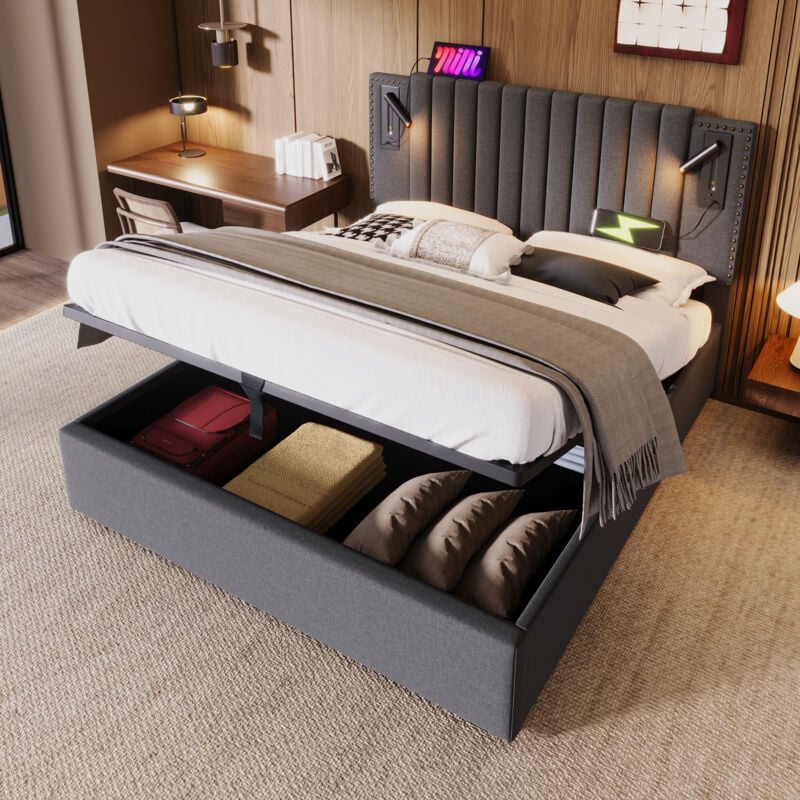 foto del prodotto letto contenitore matrimoniale imbottito 140 x 200 cm con rete a doghe, lampada da lettura con funzione di ricarica usb, cotone, grigio, senza