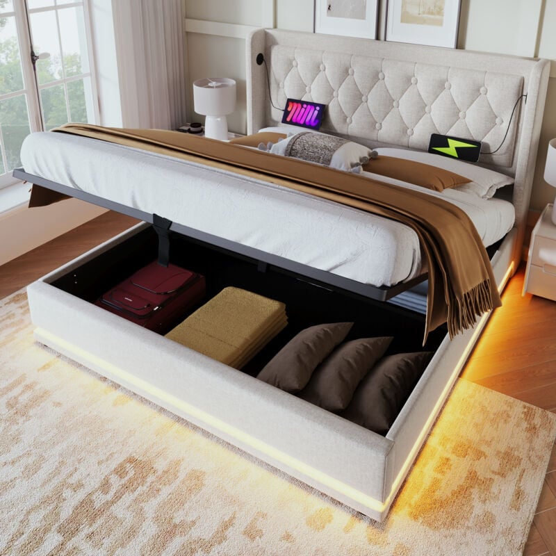 foto del prodotto letto contenitore matrimoniale imbottito 160 x 200 cm con funzione di ricarica usb type c e led, in cotone, beige, senza materasso