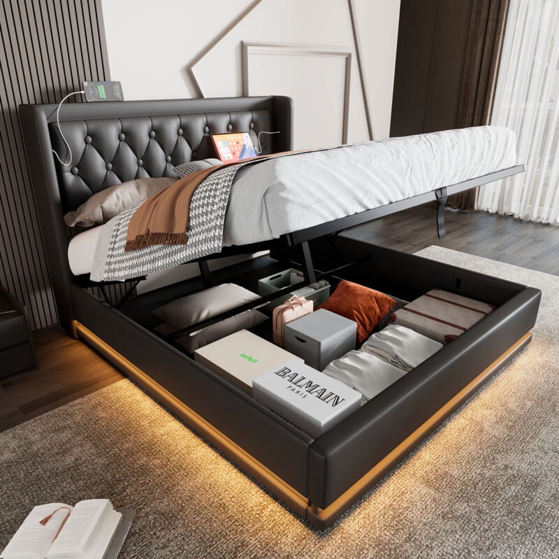 foto del prodotto letto contenitore matrimoniale imbottito 160 x 200 cm con funzione di ricarica usb type c e led, in pu, nero, senza materasso