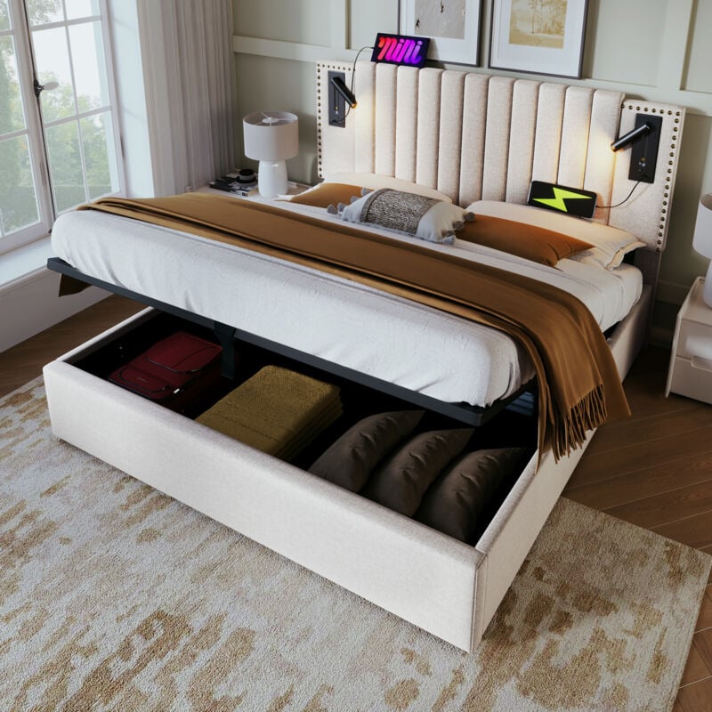 foto del prodotto letto contenitore matrimoniale imbottito 160 x 200 cm con rete a doghe, lampada da lettura con funzione di ricarica usb, cotone, beige, senza
