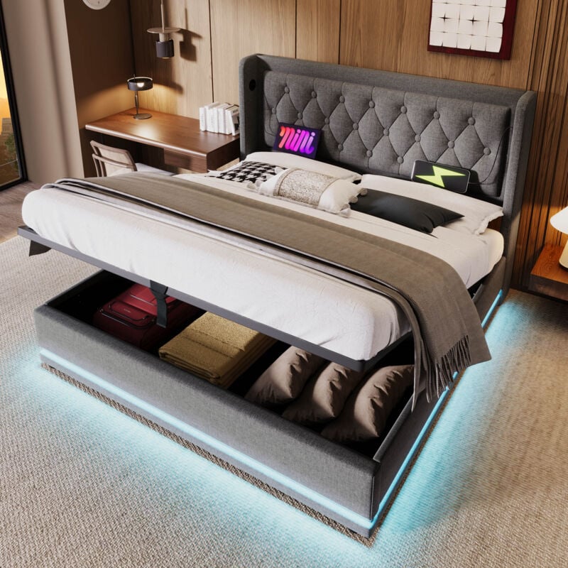 foto del prodotto letto contenitore matrimoniale imbottito 180 x 200 cm con funzione di ricarica usb type c e led, in cotone, grigio, senza materasso