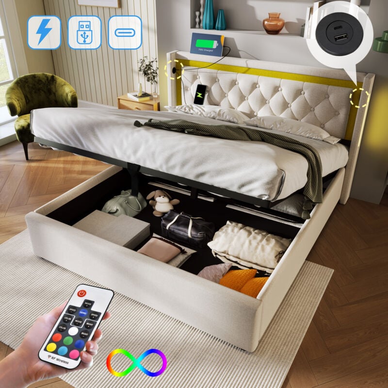 foto del prodotto letto contenitore matrimoniale imbottito, con led e usb type c 140 x 200 cm, beige, senza materasso