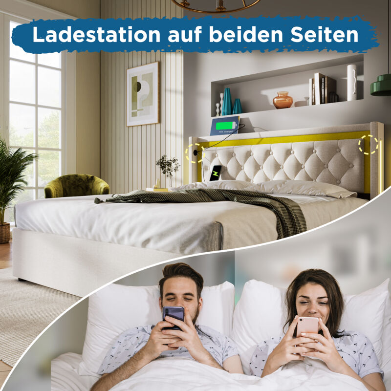 foto del prodotto letto contenitore matrimoniale imbottito, con led e usb type c 160 x 200 cm, beige, senza materasso 