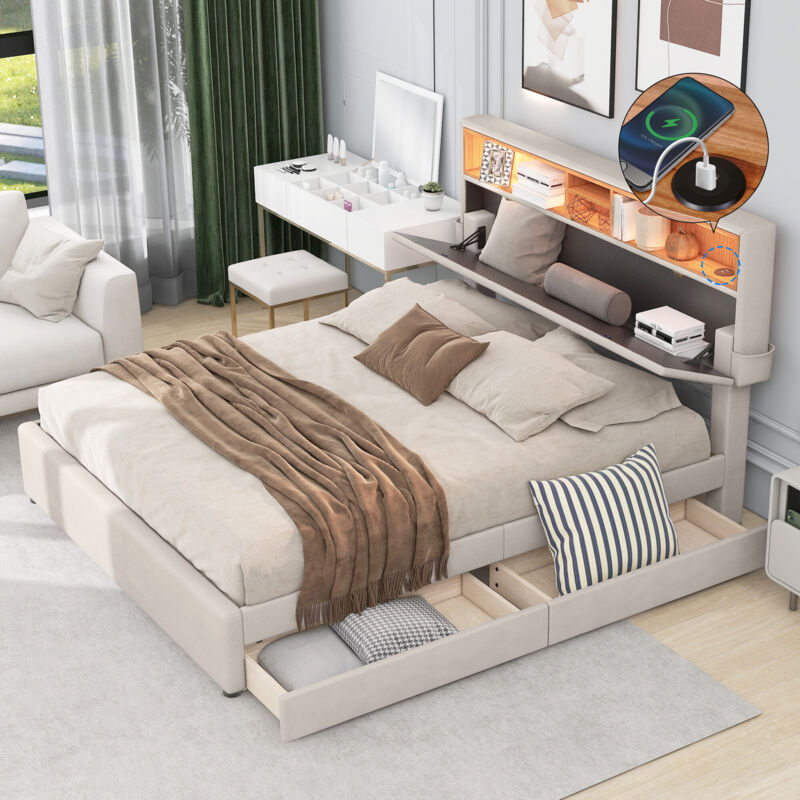 foto del prodotto letto contenitore matrimoniale imbottito con rete a doghe senza materasso beige, 140x200 cm , con ricarica usb e illuminazione led beige