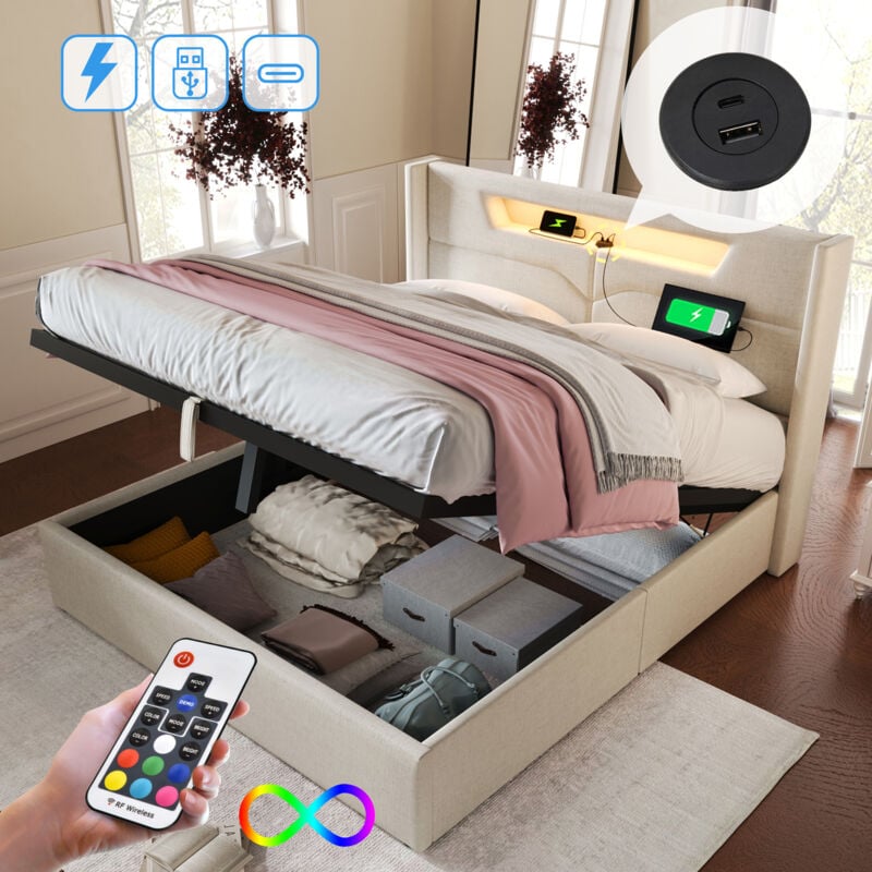 foto del prodotto letto contenitore matrimoniale imbottito, ricarica usb type c, led, lino, 140 x 200 cm, beige, senza materasso 