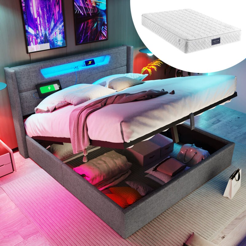 foto del prodotto letto contenitore matrimoniale imbottito, ricarica usb type c, led, lino, 140 x 200 cm, grigio, materasso incluso 