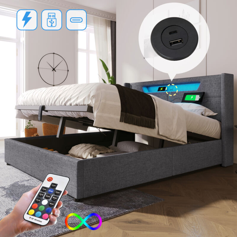 foto del prodotto letto contenitore matrimoniale imbottito, ricarica usb type c, led, lino, 140 x 200 cm, grigio, senza materasso 