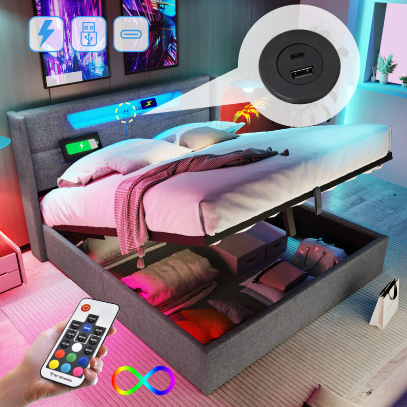 foto del prodotto letto contenitore matrimoniale imbottito, ricarica usb type c, led, lino, 160 x 200 cm, grigio, senza materasso 