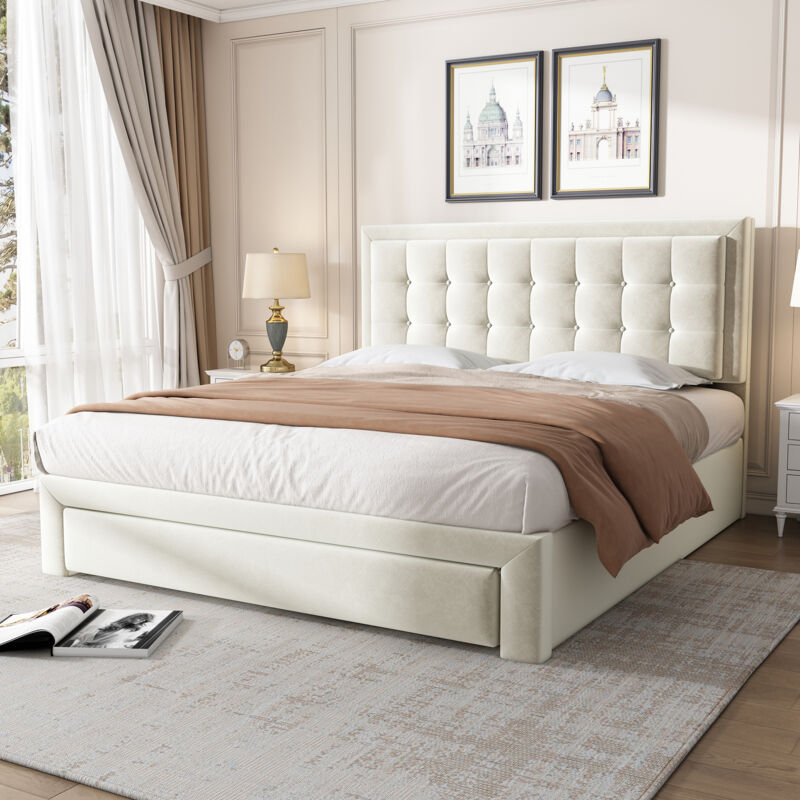foto del prodotto letto contenitore matrimoniale per adulto con 2 cassetti, base in legno, velluto 140 x 200 cm, beige