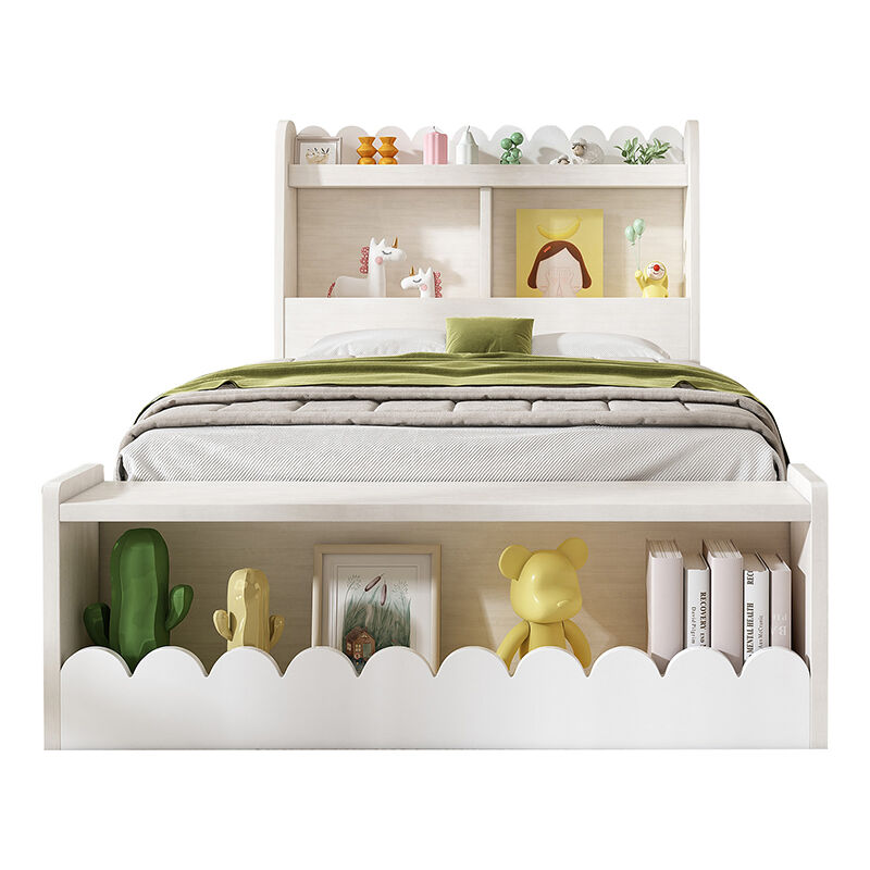 foto del prodotto letto contenitore per bambini 90 x 190 cm, con cassetti, ripiani e spazio di archiviazione, struttura in legno e rete a doghe, bianco con colorazione