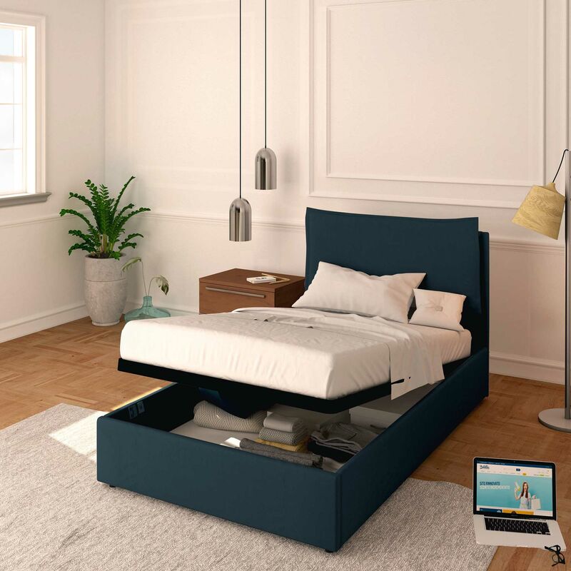 foto del prodotto letto contenitore piazza e mezzo 120x190 licia in ecopelle con rete a doghe colore blu notte blugrey baldiflex