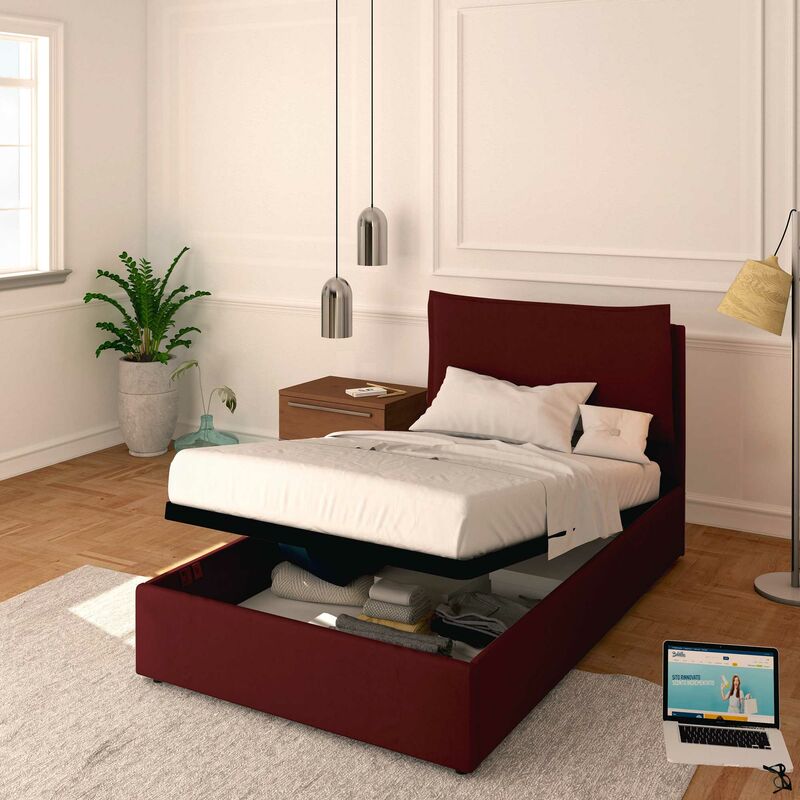 foto del prodotto letto contenitore piazza e mezzo 120x190 licia in ecopelle con rete a doghe colore bordeaux bordo baldiflex