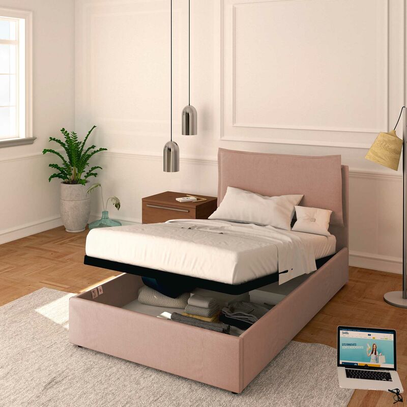 foto del prodotto letto contenitore piazza e mezzo 120x190 licia in tessuto con rete a doghe colore rosa antico flamingo baldiflex