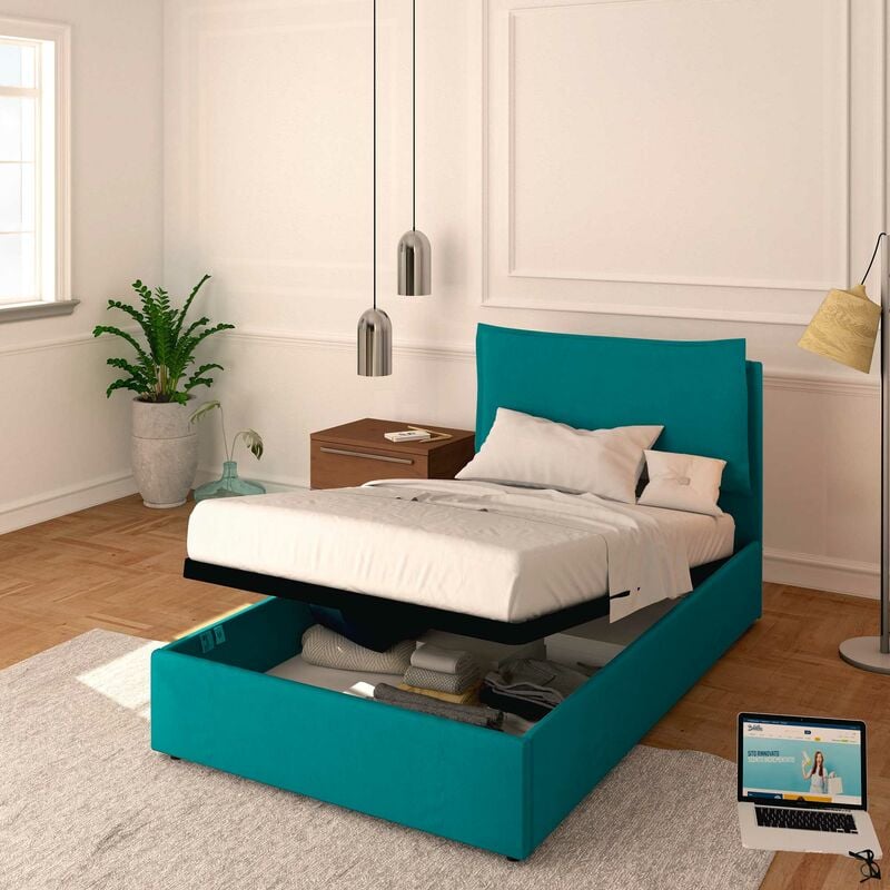foto del prodotto letto contenitore piazza e mezzo 120x190 licia in tessuto con rete a doghe colore turchese turkis baldiflex