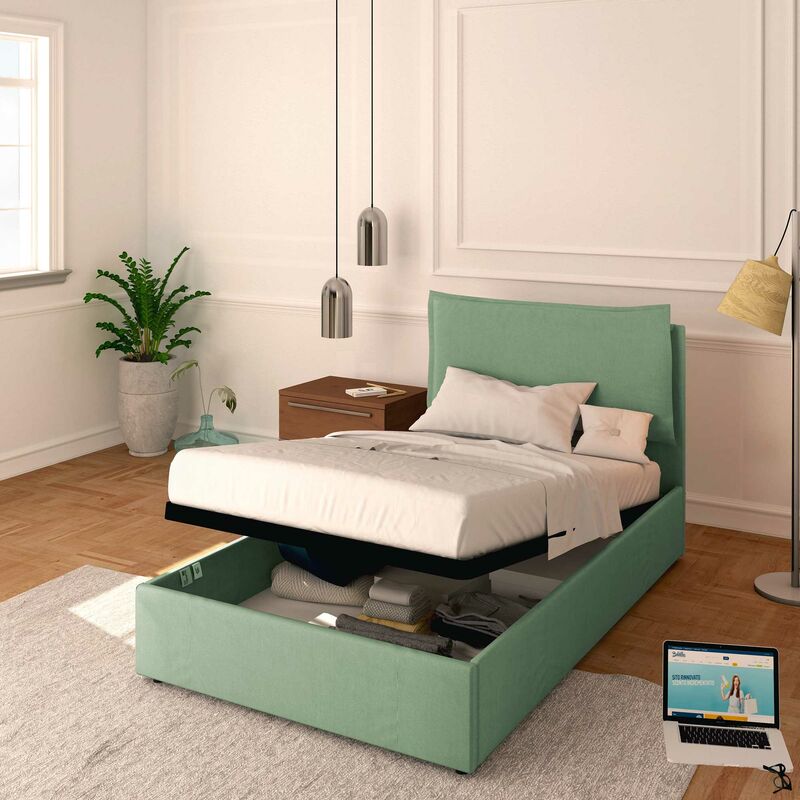 foto del prodotto letto contenitore piazza e mezzo 120x190 licia in tessuto con rete a doghe colore verde menta mint baldiflex