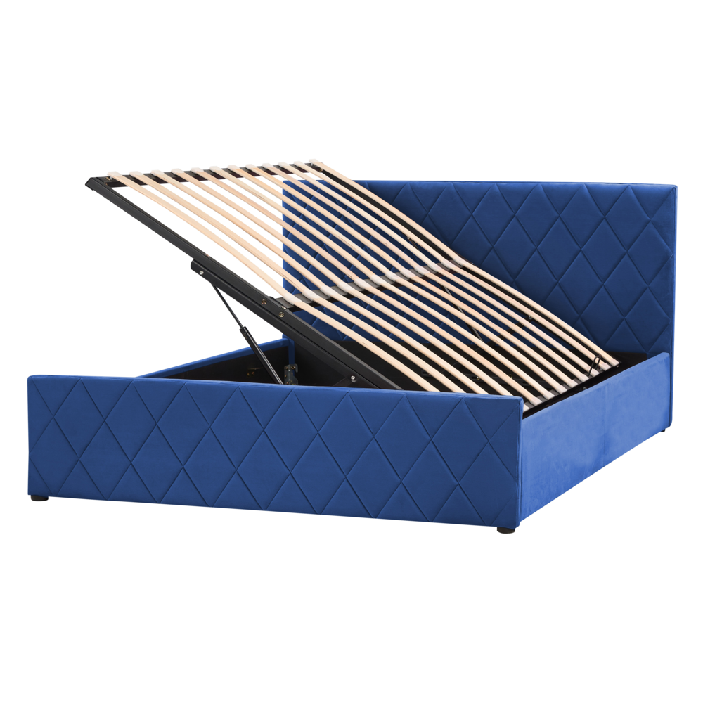 foto del prodotto letto contenitore rivestimento in velluto blu 140 x 200 cm con testiera trapuntata a rombi con base a doghe