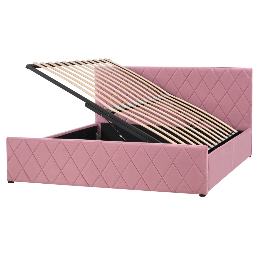 foto del prodotto letto contenitore rivestimento in velluto rosa 160 x 200 cm con testiera trapuntata a diamante con base a doghe