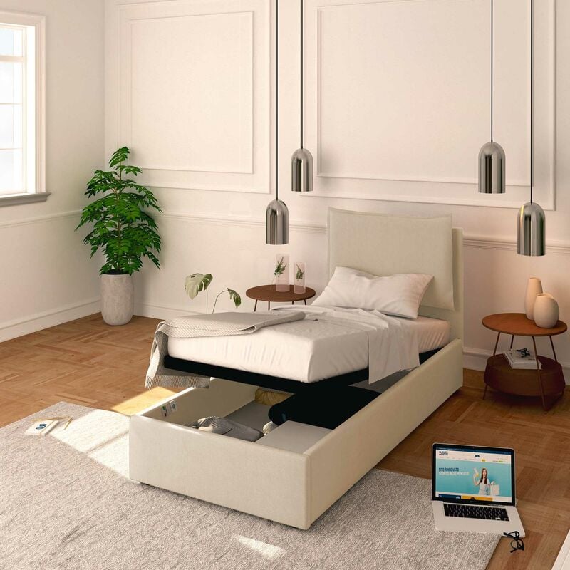 foto del prodotto letto contenitore singolo 80x190 licia in tessuto con rete a doghe colore beige baldiflex