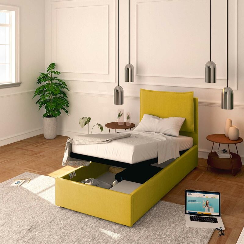 foto del prodotto letto contenitore singolo 80x190 licia in tessuto con rete a doghe colore giallo senape melon baldiflex