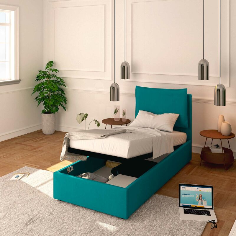 foto del prodotto letto contenitore singolo 80x190 licia in tessuto con rete a doghe colore turchese turkis baldiflex