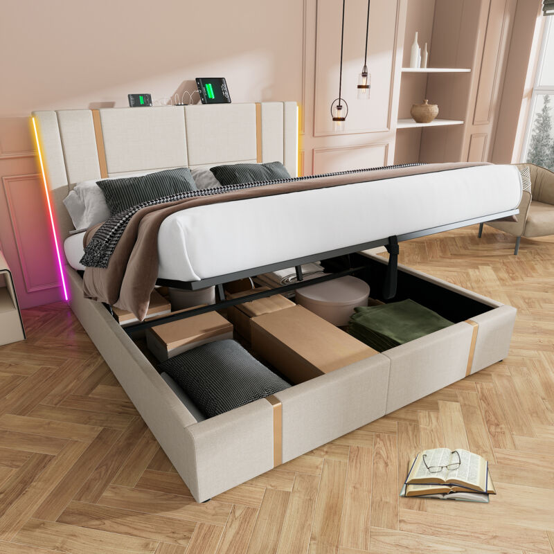 foto del prodotto letto contenitore singolo imbottito 140 x 200 cm con funzione di ricarica led e usb type c, controllo tramite app, rete a doghe in legno, lino,