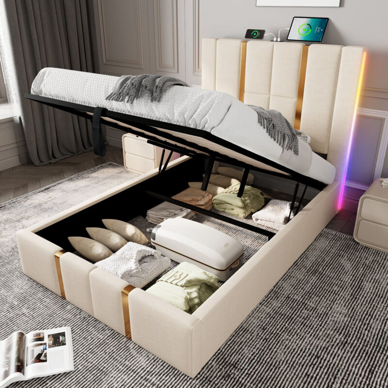 foto del prodotto letto contenitore singolo imbottito 90 x 200 cm con funzione di ricarica led e usb type c, controllo tramite app, rete a doghe in legno, lino, beige,