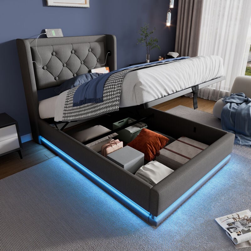 foto del prodotto letto contenitore singolo imbottito 90 x 200 cm con funzione di ricarica usb type c e led, cotone, grigio, senza materasso