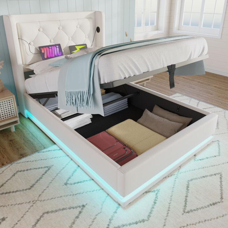 foto del prodotto letto contenitore singolo imbottito 90 x 200 cm con funzione di ricarica usb type c e led, pu, bianco, senza materasso