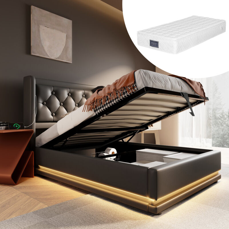 foto del prodotto letto contenitore singolo imbottito 90 x 200 cm con funzione di ricarica usb type c e led, pu, nero, materasso incluso