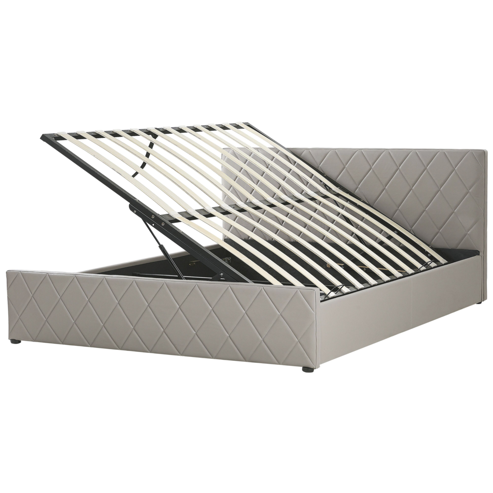 foto del prodotto letto contenitore tappezzeria in pelle sintetica color talpa 180 x 200 cm con base a doghe testiera trapuntata a diamante