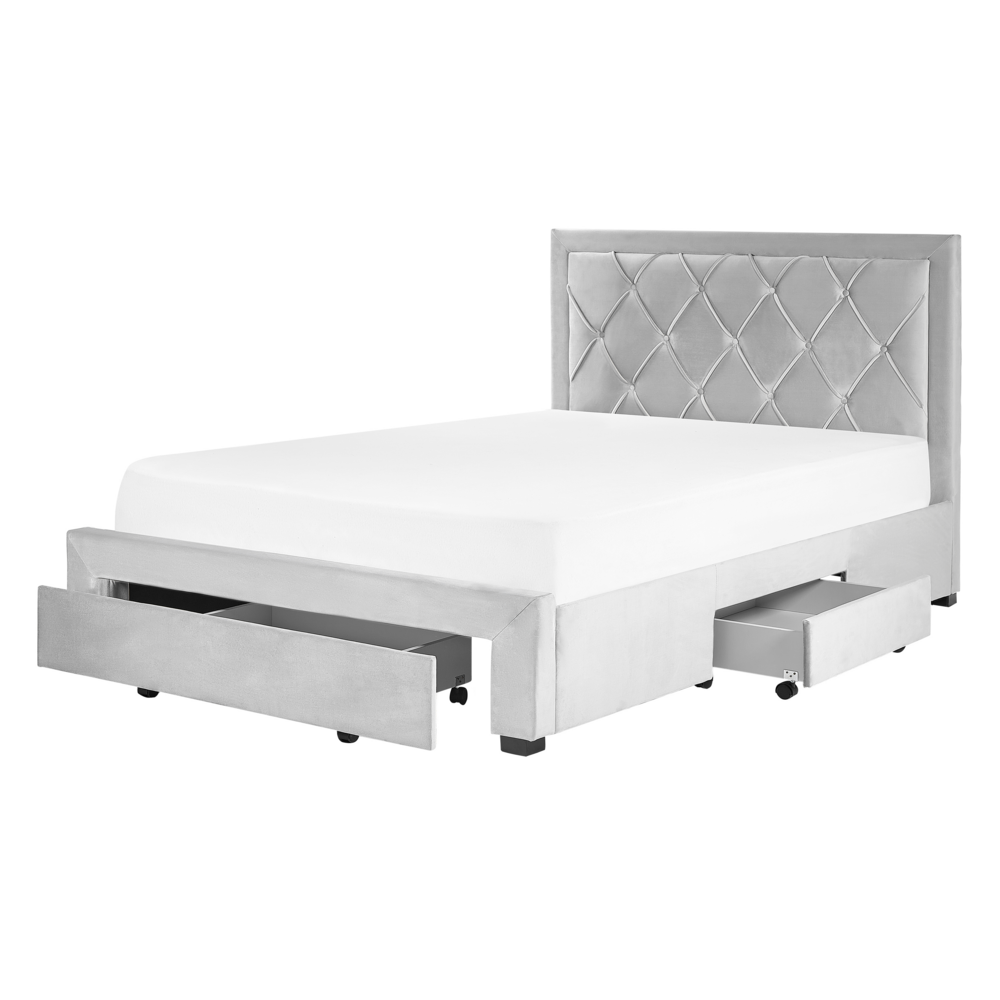 foto del prodotto letto contenitore tappezzeria in velluto grigio chiaro 140 x 200 cm trapuntato testiera alta cassetti glam design