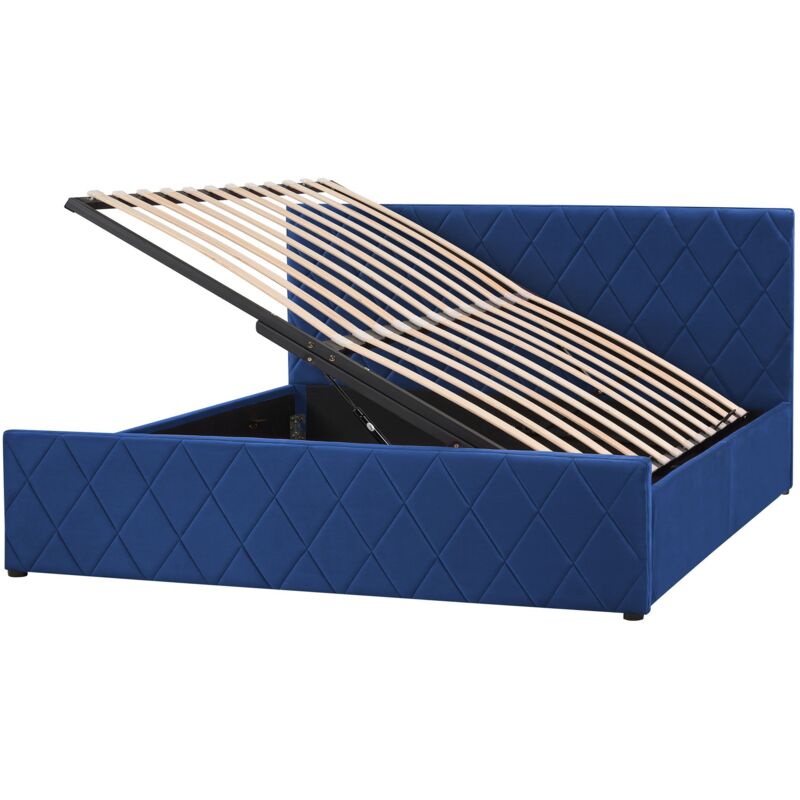 foto del prodotto letto contenitore trapuntato velluto blu rete a doghe 160 x 200 cm rochefort