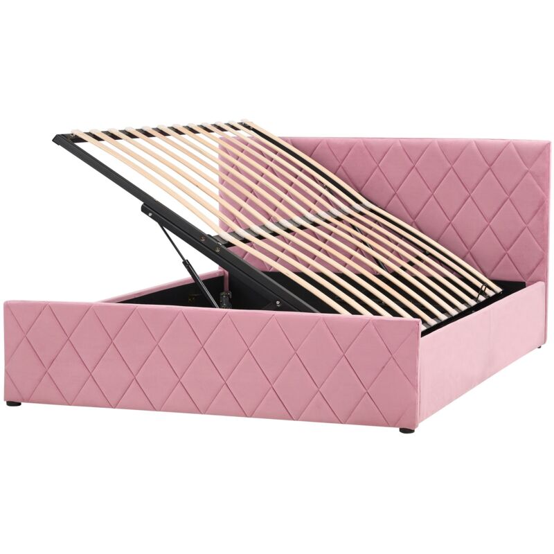 foto del prodotto letto contenitore trapuntato velluto rosa rete a doghe 140 x 200 cm rochefort