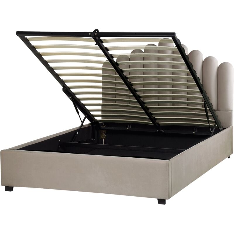 foto del prodotto letto contenitore velluto tortora 140 x 200 cm testata alta a conchiglia vincennes
