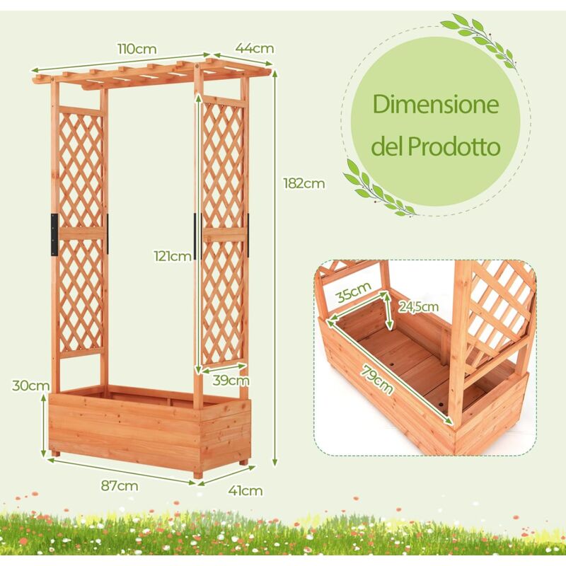 foto del prodotto letto da giardino rialzato con pergola, letto da giardino rialzato in legno con tettoia appesa, scatola di fioriere, fori di drenaggio per piante