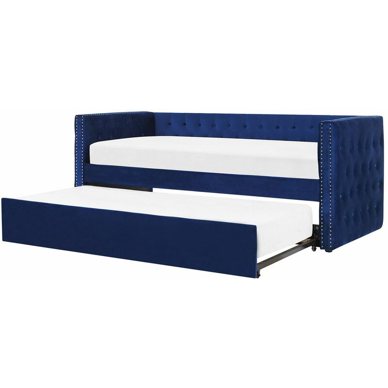 foto del prodotto letto da giorno estraibile 90 x 200 cm in velluto blu con rete a doghe e bottoni gassin