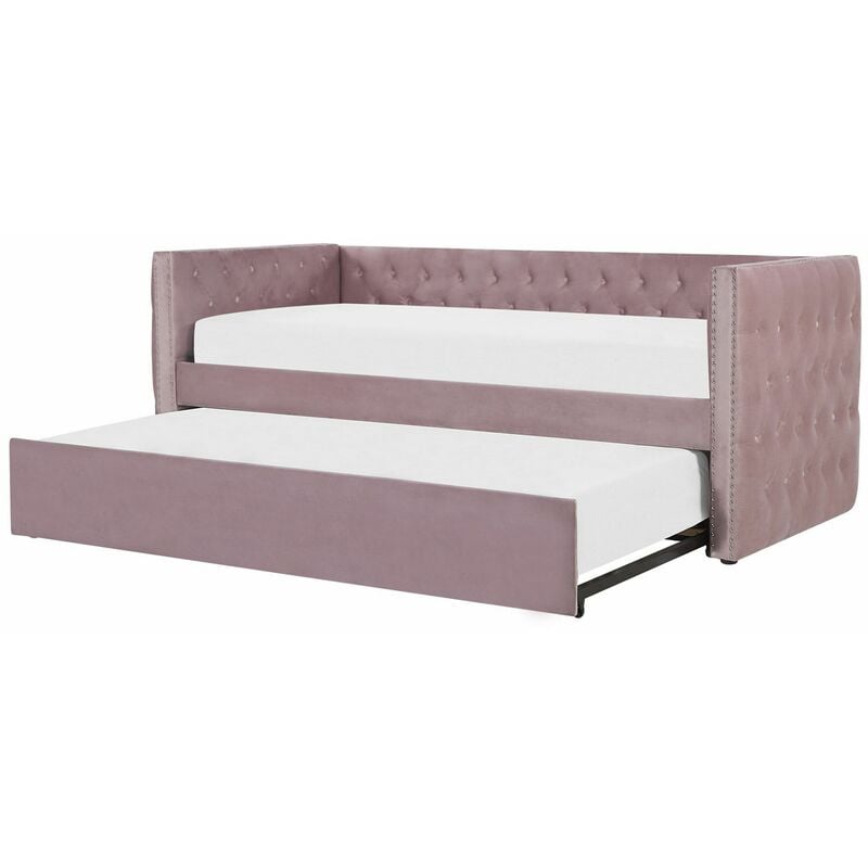 foto del prodotto letto da giorno estraibile 90 x 200 cm in velluto rosa con rete a doghe e bottoni gassin