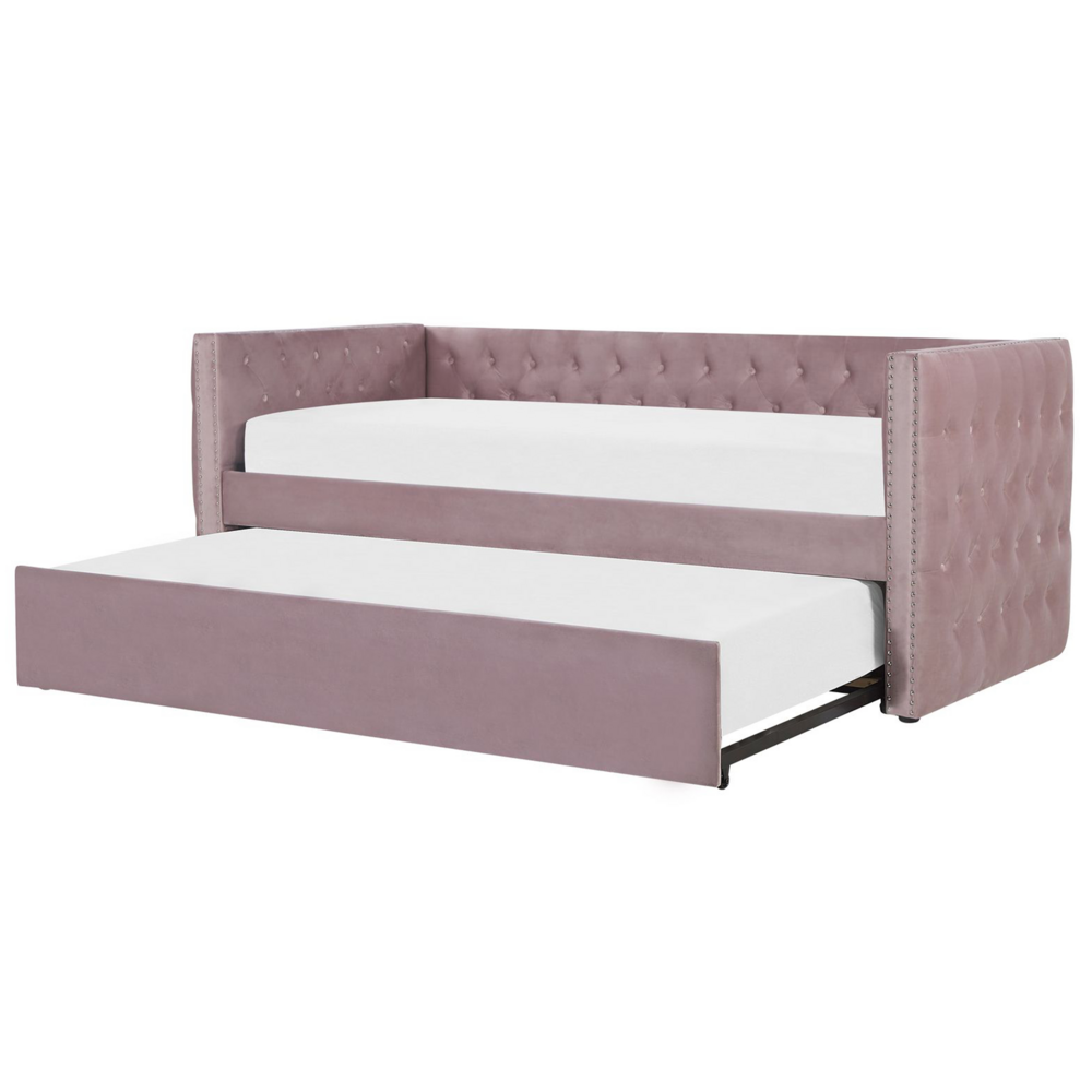 foto del prodotto letto da giorno estraibile rosa velluto taglia unica 90 x 200 con rete a doghe con bottoni abbottonati rifiniture glam