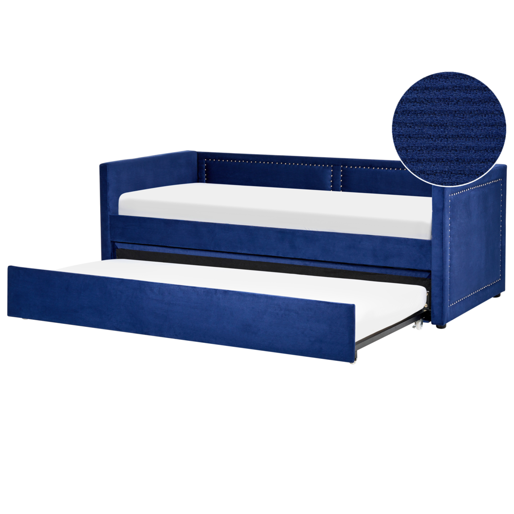 foto del prodotto letto da giorno estraibile velluto a coste blu marino 90 x 200 con rete a doghe e testiera con chiodini