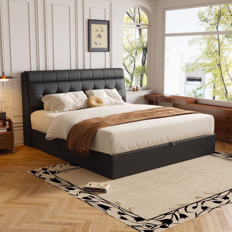 foto del prodotto letto di design, 140x190, letto idraulico, contenitore nascosto sotto il letto, contenitore per il copriletto, pu, con rete a doghe e con testiera,