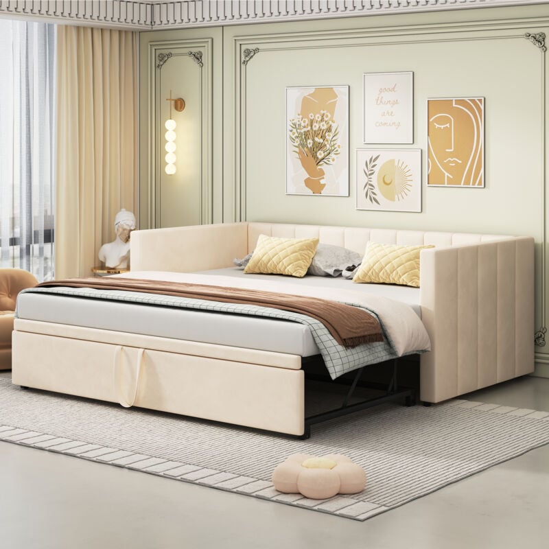 foto del prodotto letto estraibile 90 180 x 200 cm con rete a doghe. divano letto. letto multifunzionale in morbido tessuto di velluto. beige