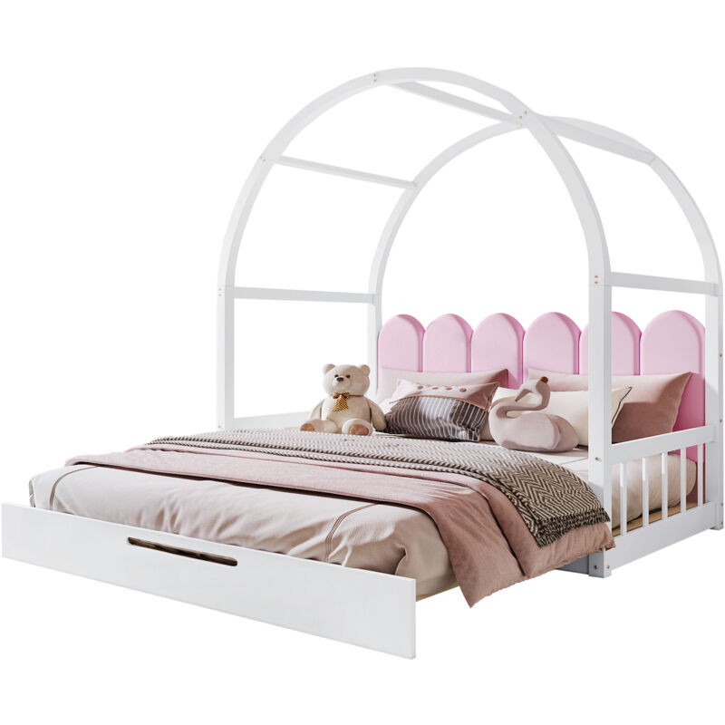 foto del prodotto letto estraibile, letto matrimoniale per bambini, cuscini in velluto, bianco rosa 140x100 cm e 140x200 cm 