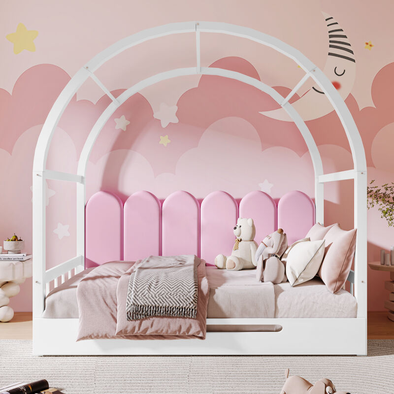 foto del prodotto letto estraibile per bambini 140 x 100 200 cm allungabile con protezione su 3 lati pino portata 100 kg bianco rosa