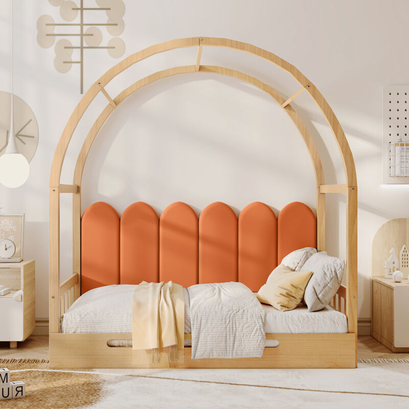 foto del prodotto letto estraibile per bambini 140 x 100 200 cm allungabile con protezione su 3 lati pino portata 100 kg naturale arancione