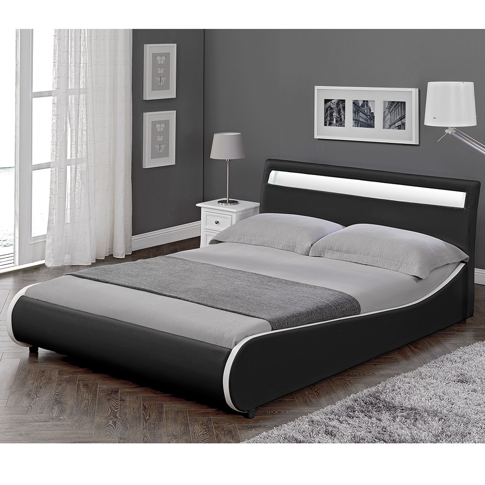 foto del prodotto letto francese imbottito curvo 140x200 cm testiera alta con illuminazione a led similpelle nero corium