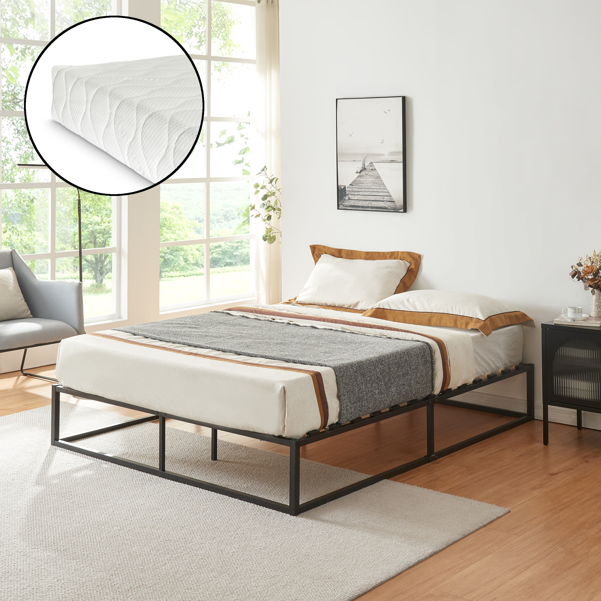 foto del prodotto letto francese kreta con materasso 140 x 200 cm acciaio nero en.casa 