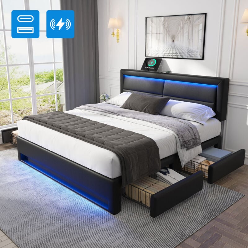 foto del prodotto letto imbottito 140 x 190 cm con porta usb supporta la ricarica wireless e via cavo , con illuminazione a led e quattro cassetti portaoggetti, senza