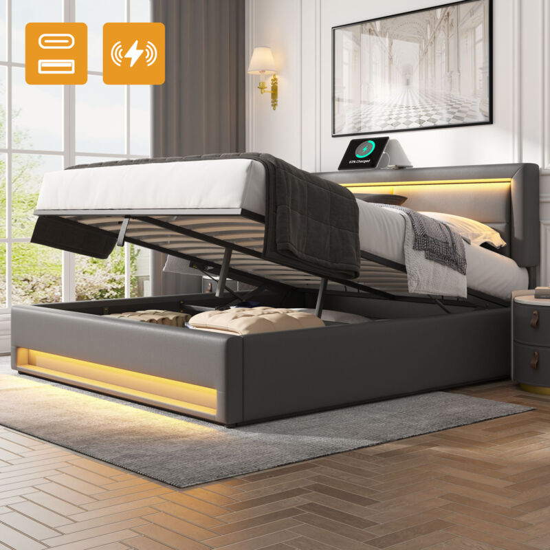 foto del prodotto letto imbottito 140 x 190 cm, con porta usb supporta la ricarica wireless e via cavo , con illuminazione a led e spazio per riporre oggetti, senza