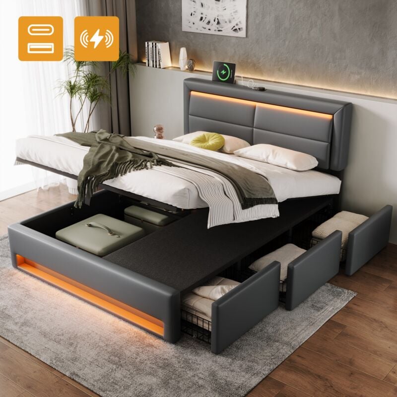 foto del prodotto letto imbottito 140 x 190 cm, idraulico, con porta usb supporta la ricarica wireless e via cavo , con illuminazione a led e 3 cassetti portaoggetti,