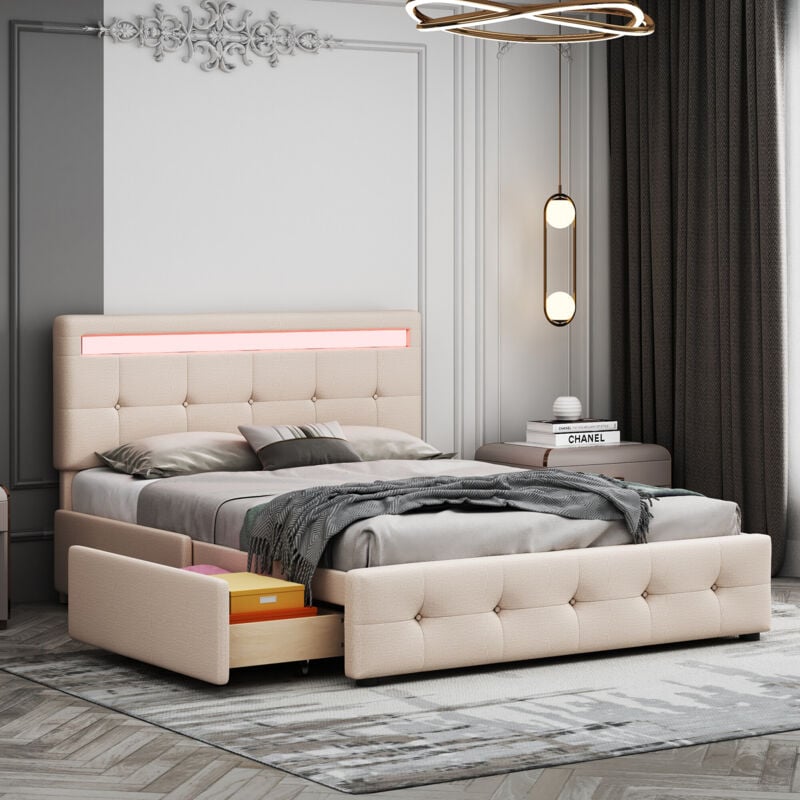 foto del prodotto letto imbottito 140 x 200 cm con led, rete a doghe e box letto con rotelle, letto singolo con testiera e 4 cassetti, lettino per bambini e ragazzi,